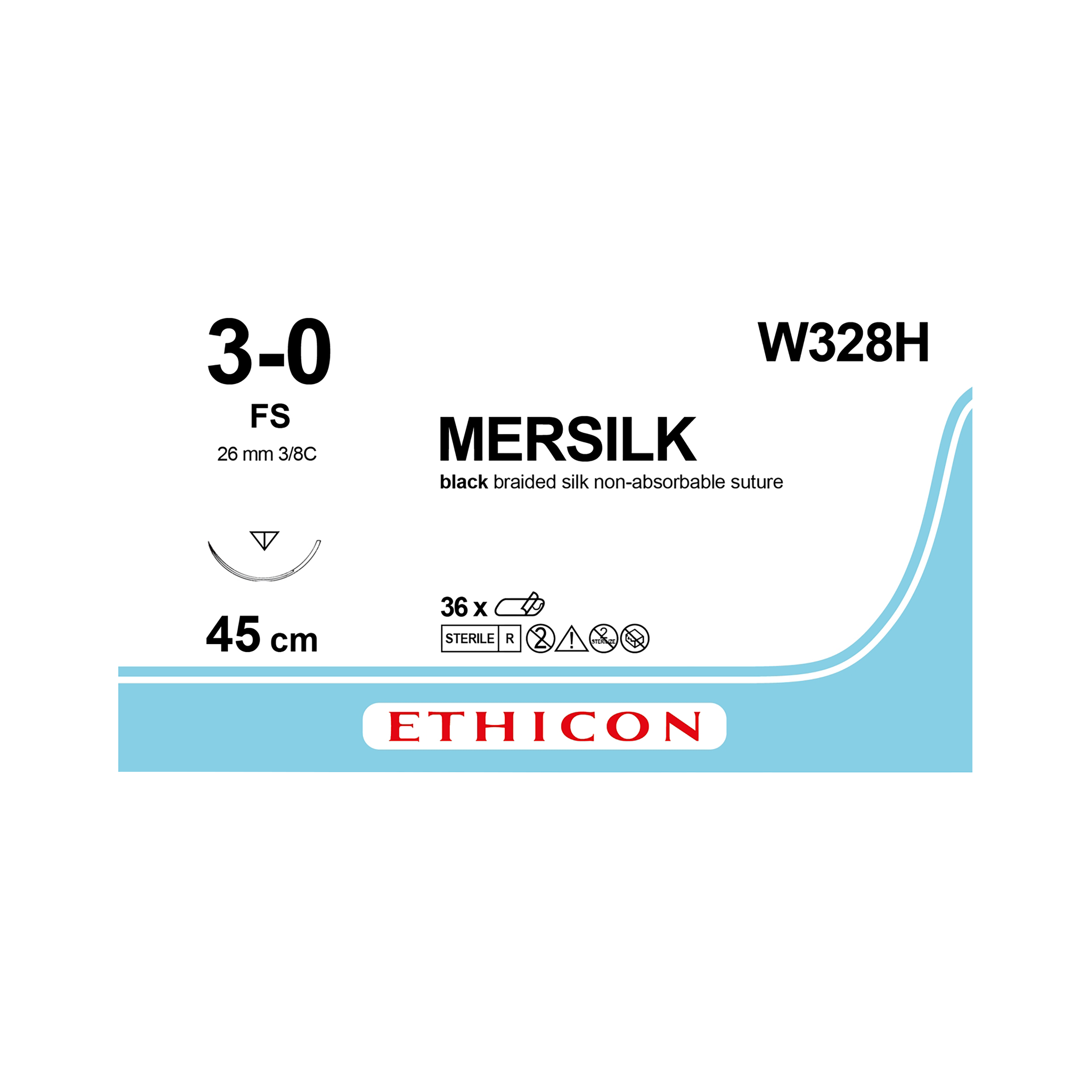 Mersilk Sutures Black Coated 45cm 3-0 3/8 Circle Reverse Cutting FS 26mm W328H 36pk