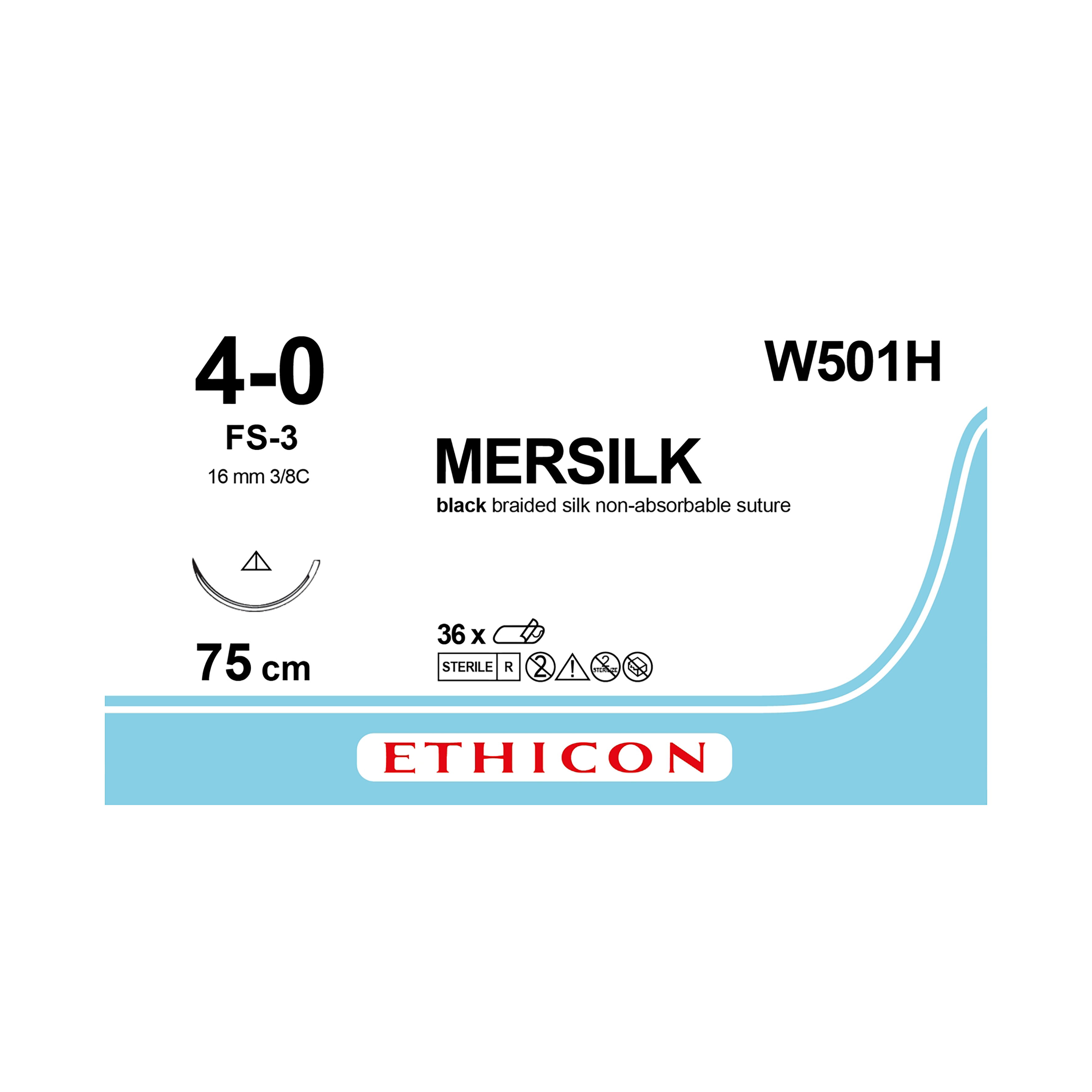 Mersilk Sutures Black Coated 75cm 4-0 3/8 Circle Conventional Cutting FS-3 16mm W501H 36pk