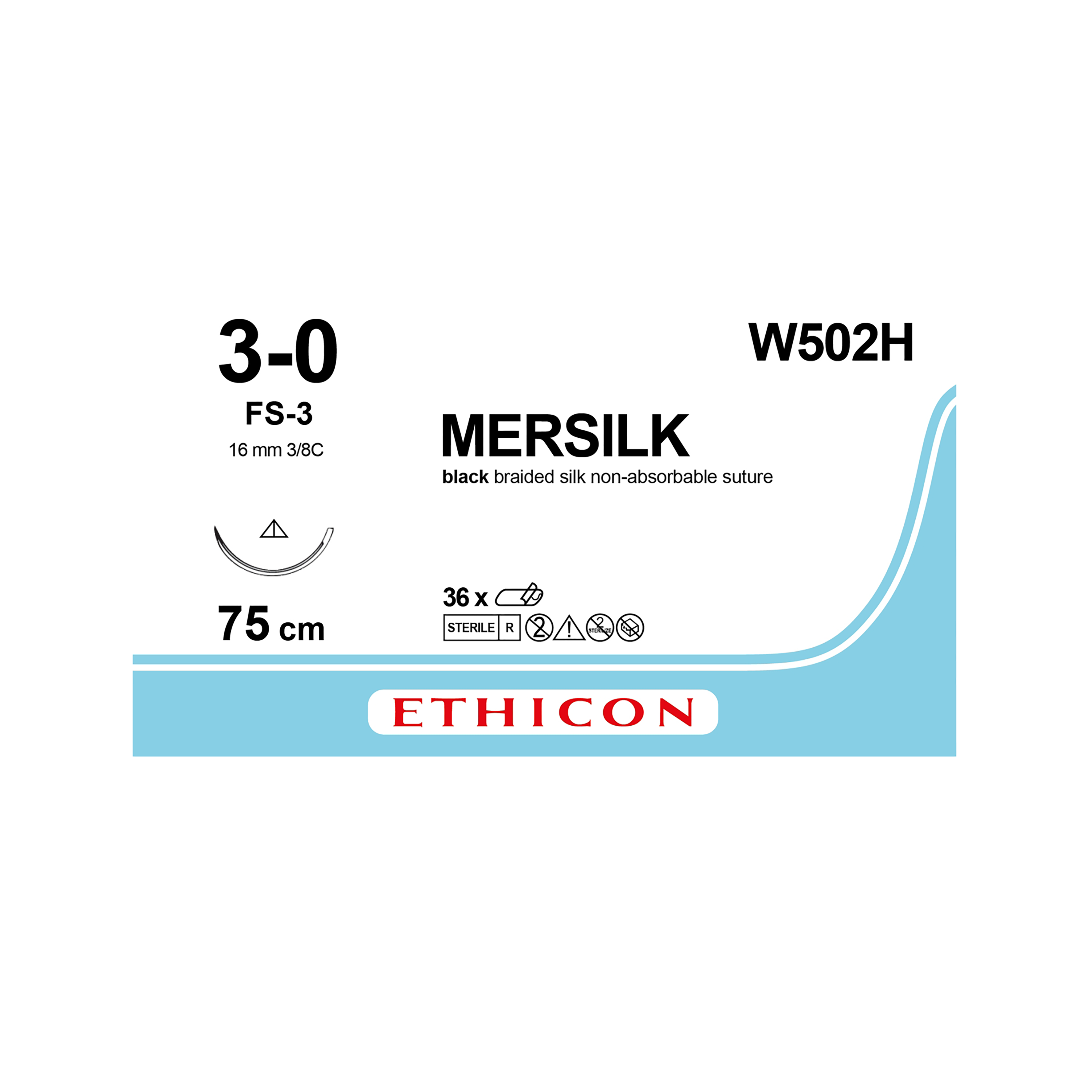 Mersilk Sutures Black Coated 75cm 3-0 3/8 Circle Conventional Cutting FS-3 16mm W502H 36pk