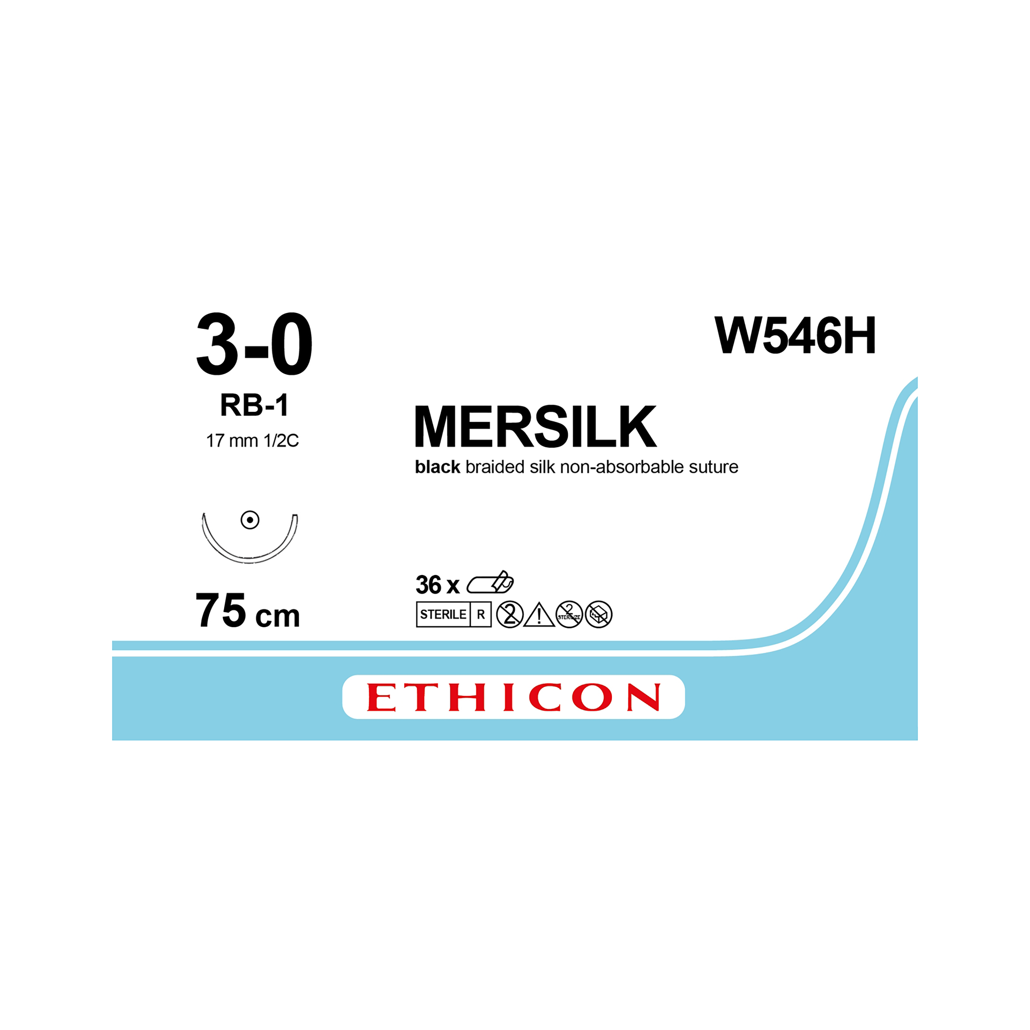 Mersilk Sutures Black Coated 75cm 3-0 1/2 Circle Taper Point RB-1 17mm W546H 36pk