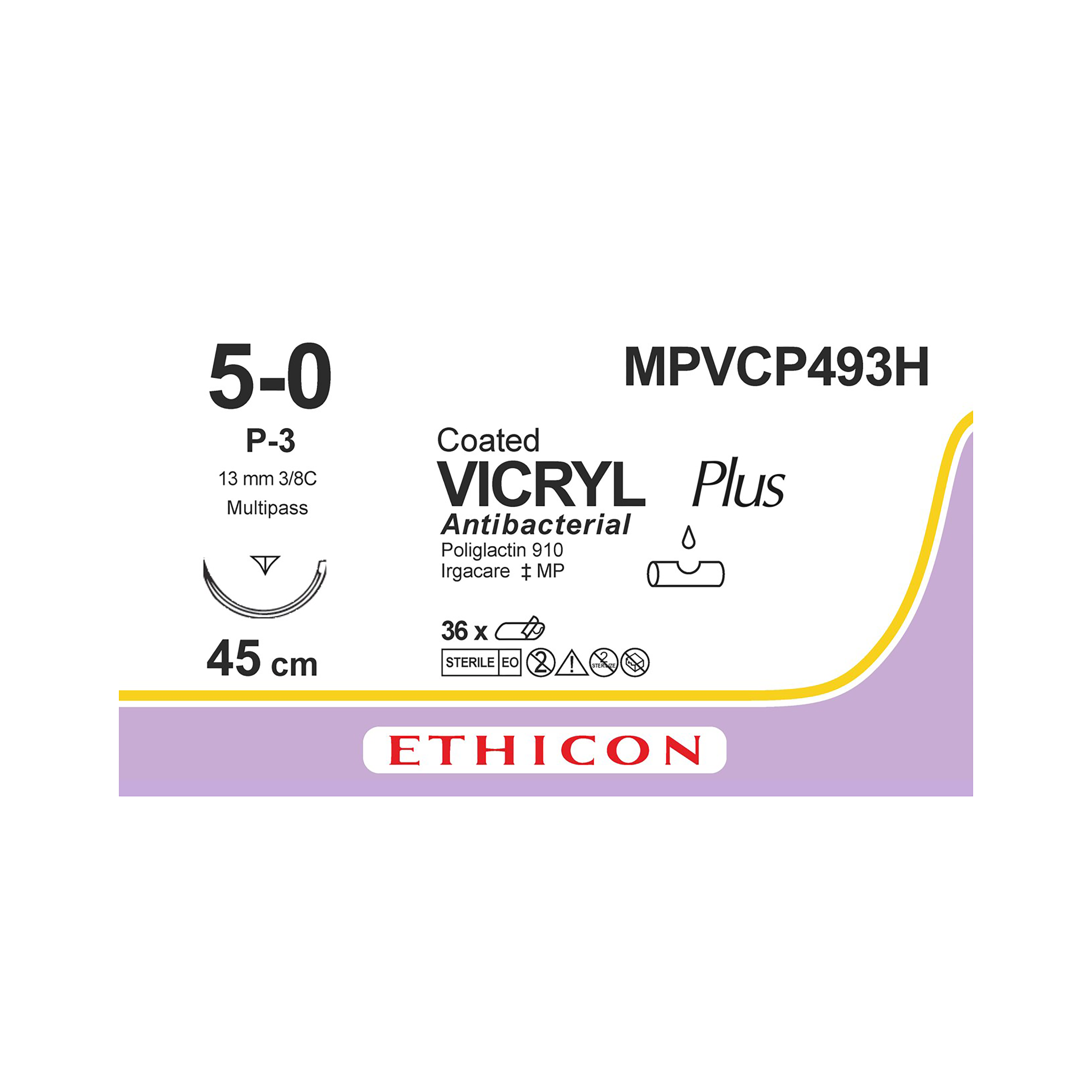 Vicryl Plus Sutures Undyed Coated 45cm 5-0 3/8 Circle PRIME Reverse Cutting P-3 13mm VCP493H 36pk
