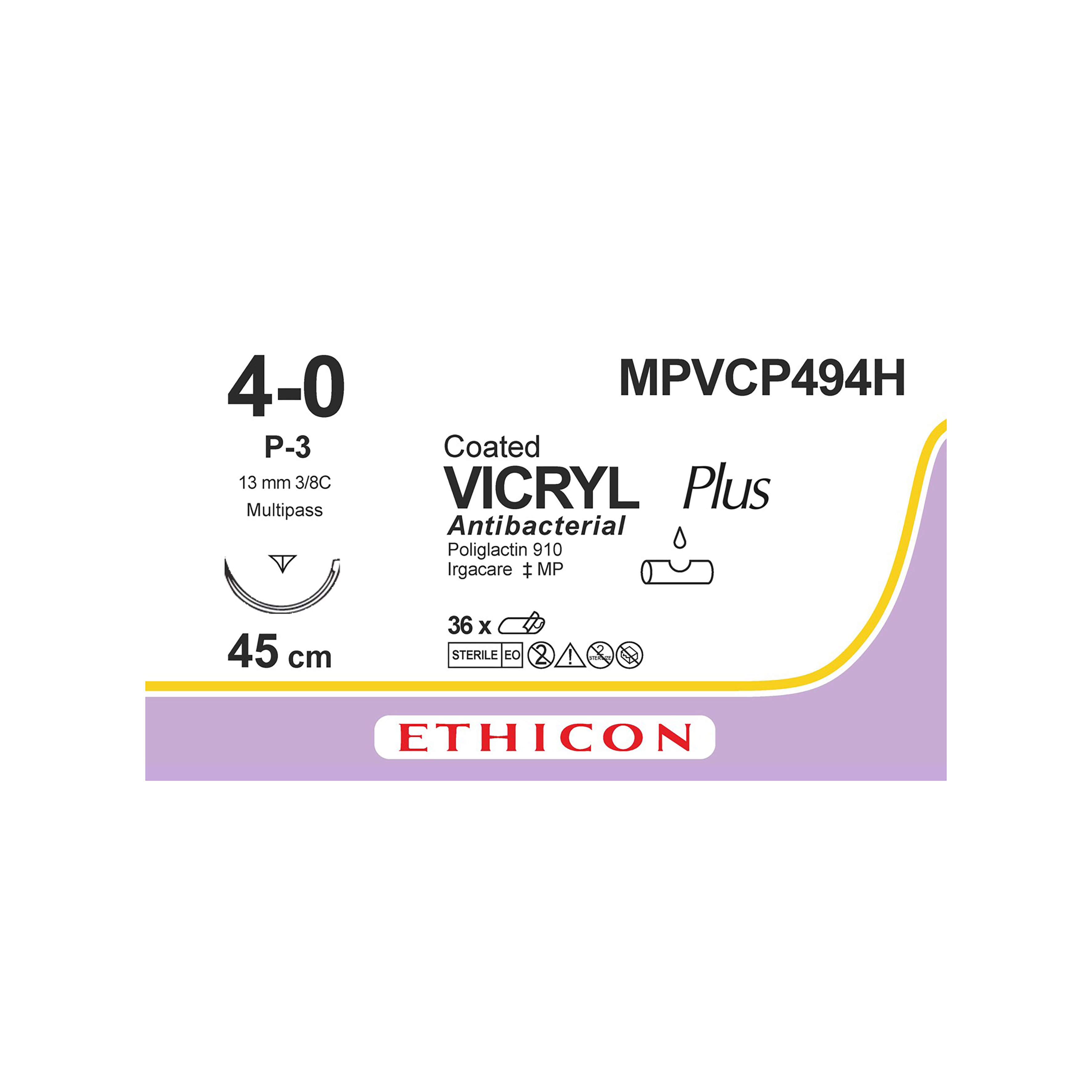 Vicryl Plus Sutures Undyed Coated 45cm 4-0 3/8 Circle PRIME Reverse Cutting P-3 13mm VCP494H 36pk