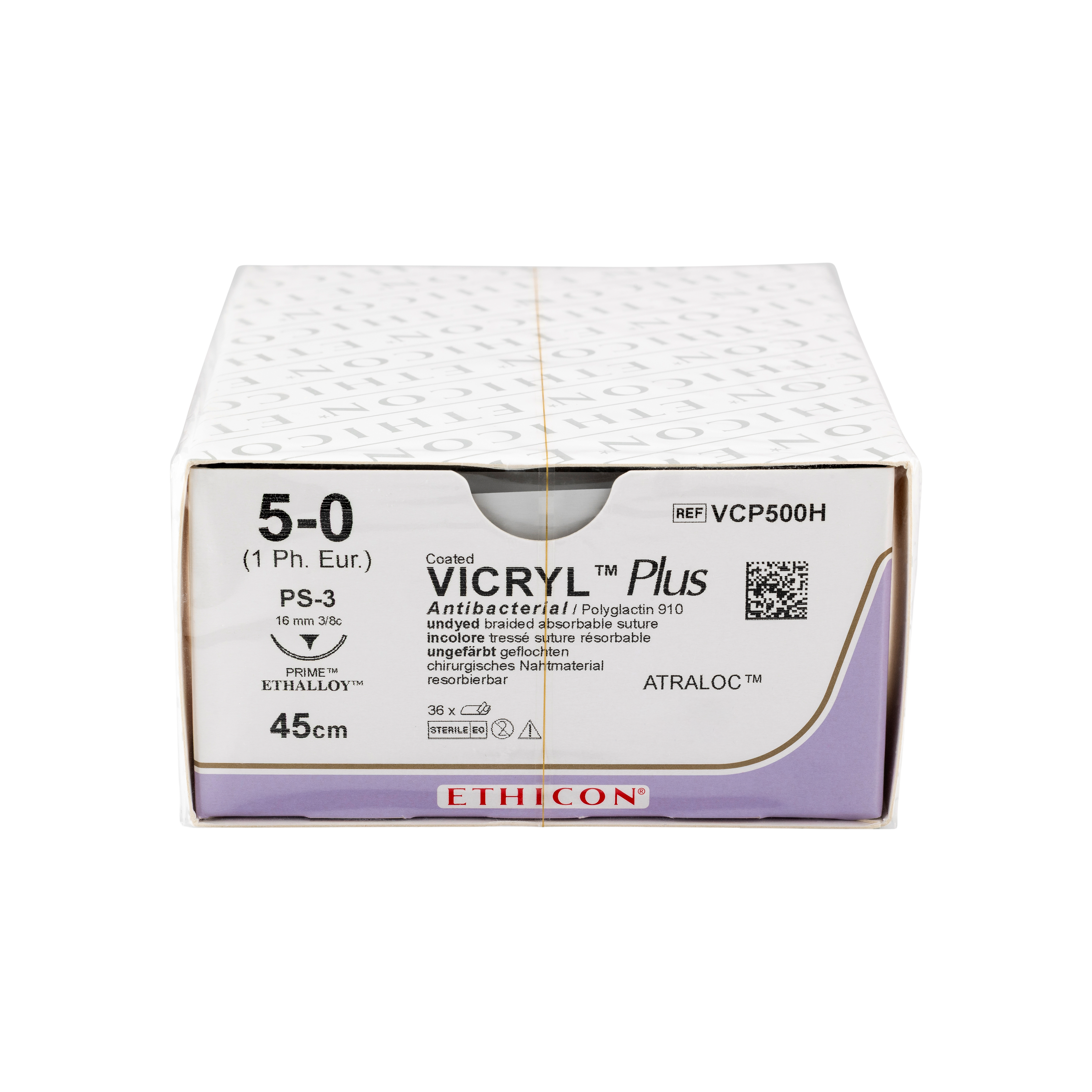Vicryl Plus Sutures Undyed Coated 45cm 5-0 3/8 Circle PRIME Reverse Cutting PS-3 16mm VCP500H 36pk