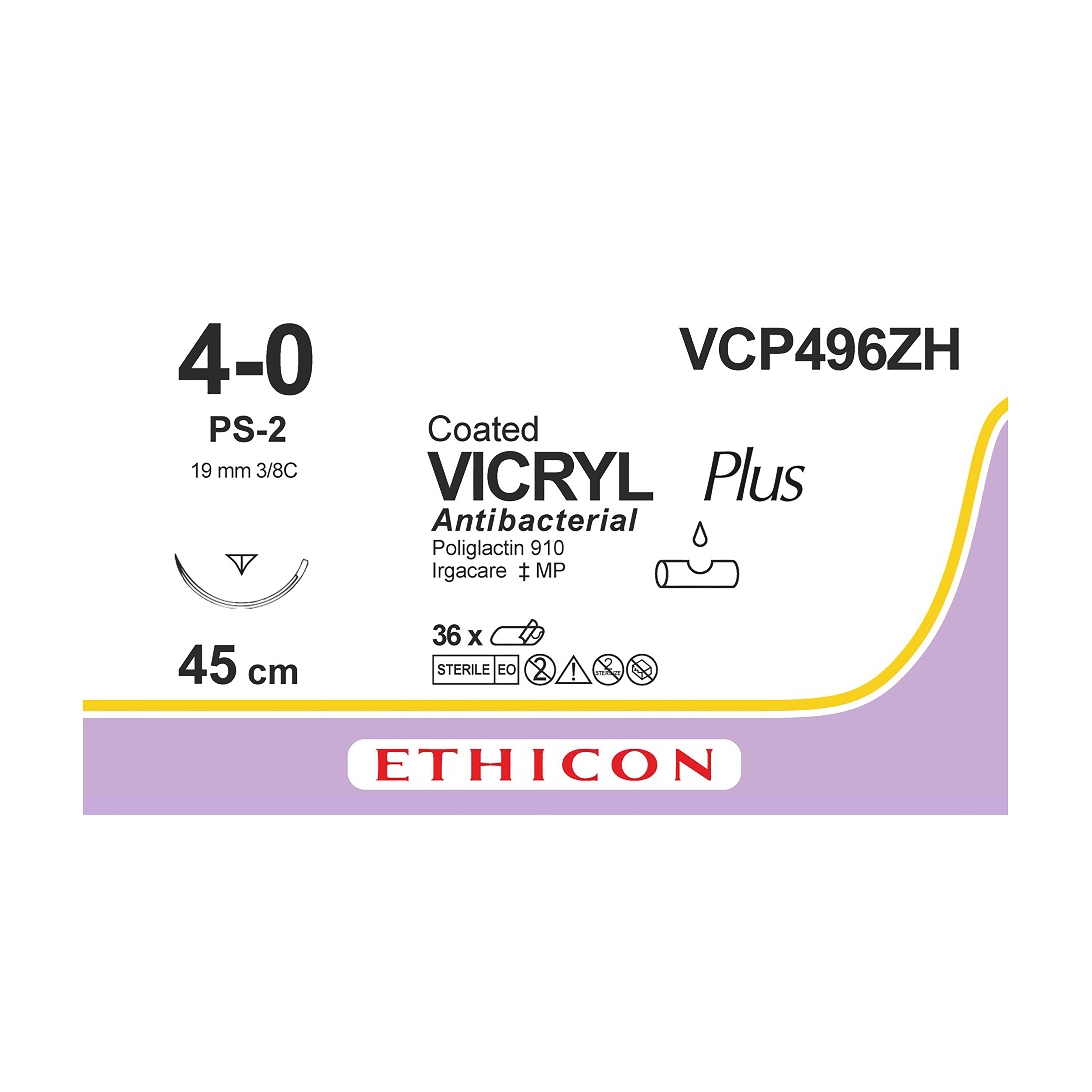 Vicryl Plus Sutures Undyed Coated 45cm 4-0 3/8 Circle PRIME Reverse Cutting PS-2 19mm VCP496ZH 36pk