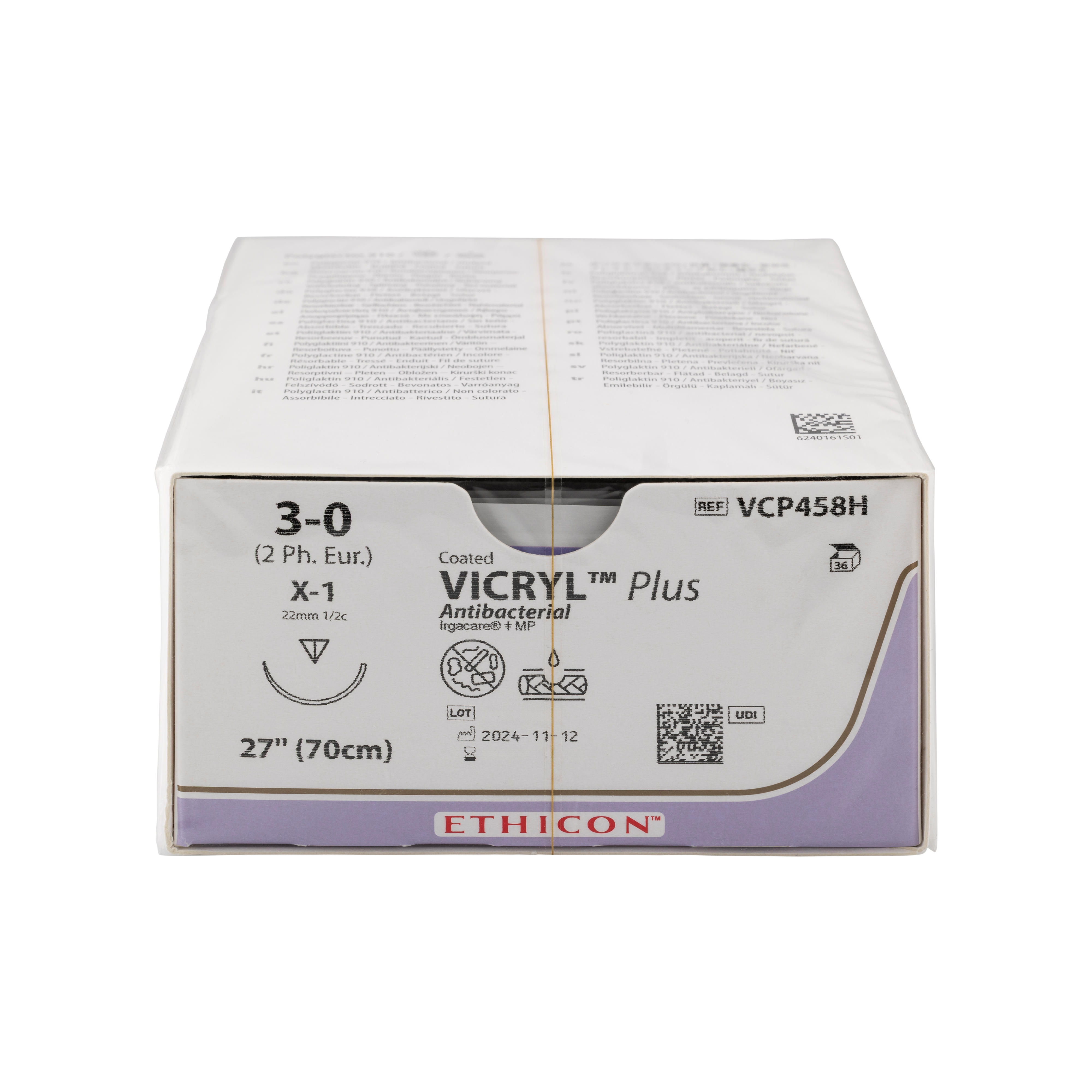 Vicryl Plus Sutures Undyed Coated 70cm 3-0 1/2 Circle Reverse Cutting X-1 22mm VCP458H 36pk