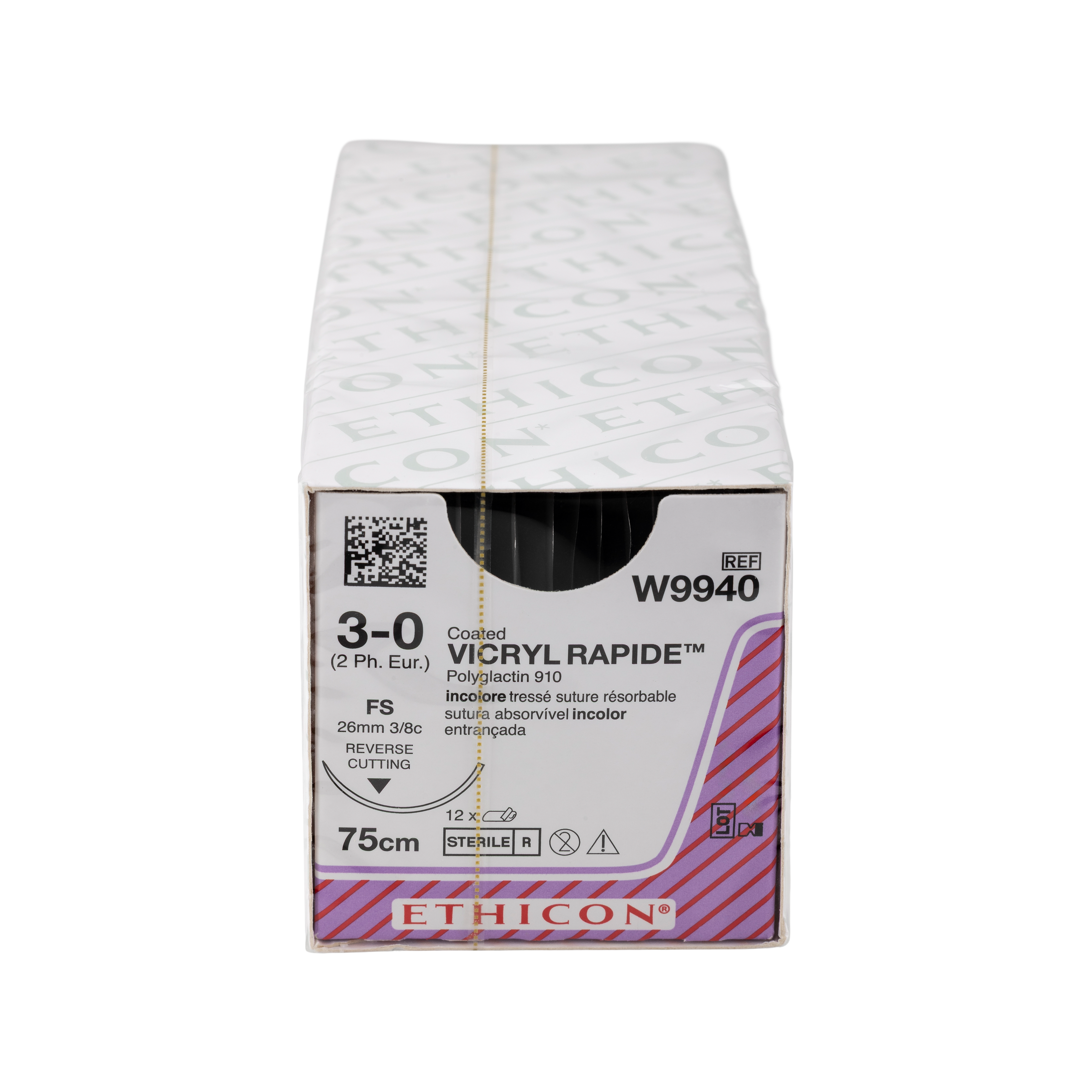 Vicryl Rapide Sutures Undyed Caoted 75cm 3-0 3/8 Circle Reverse Cutting FS 26mm W9940 12pk