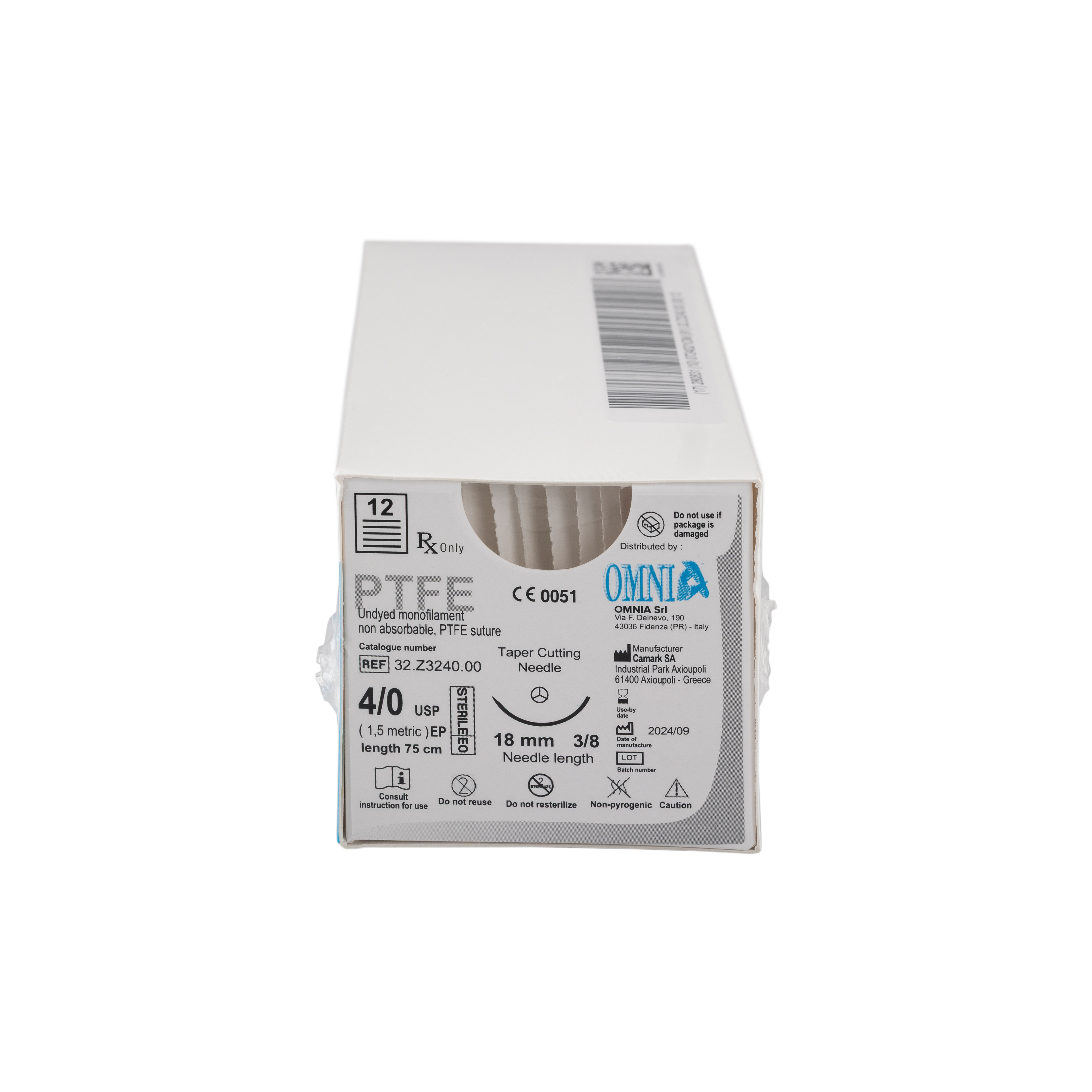 PTFE Sutures White Uncoated 75cm 4-0 3/8 Circle Round Body Diamond Needle Point 18mm 32.Z3240 12pk
