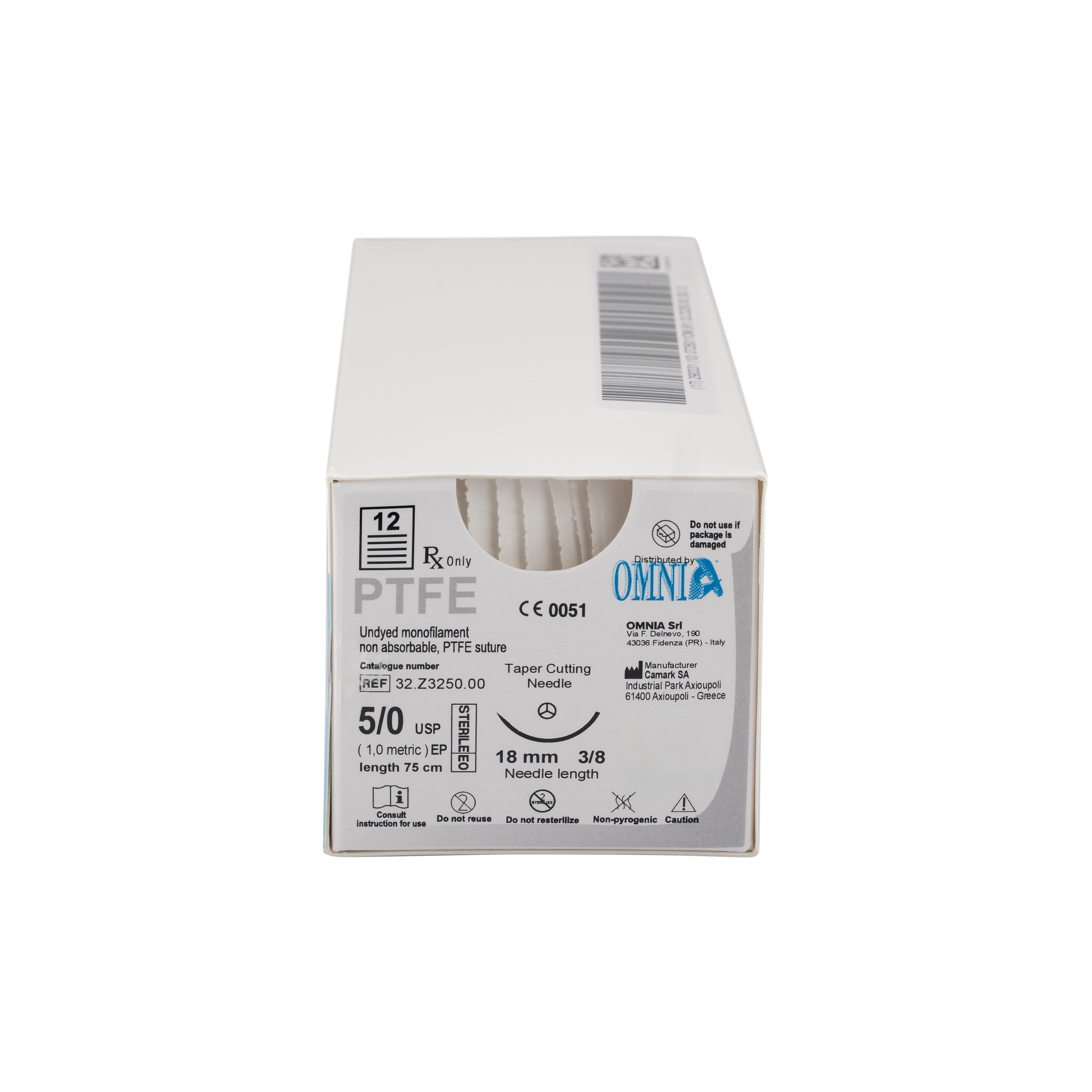 PTFE Sutures White Uncoated 75cm 5-0 3/8 Circle Round Body Diamond Needle Point 18mm 32.Z3250 12pk