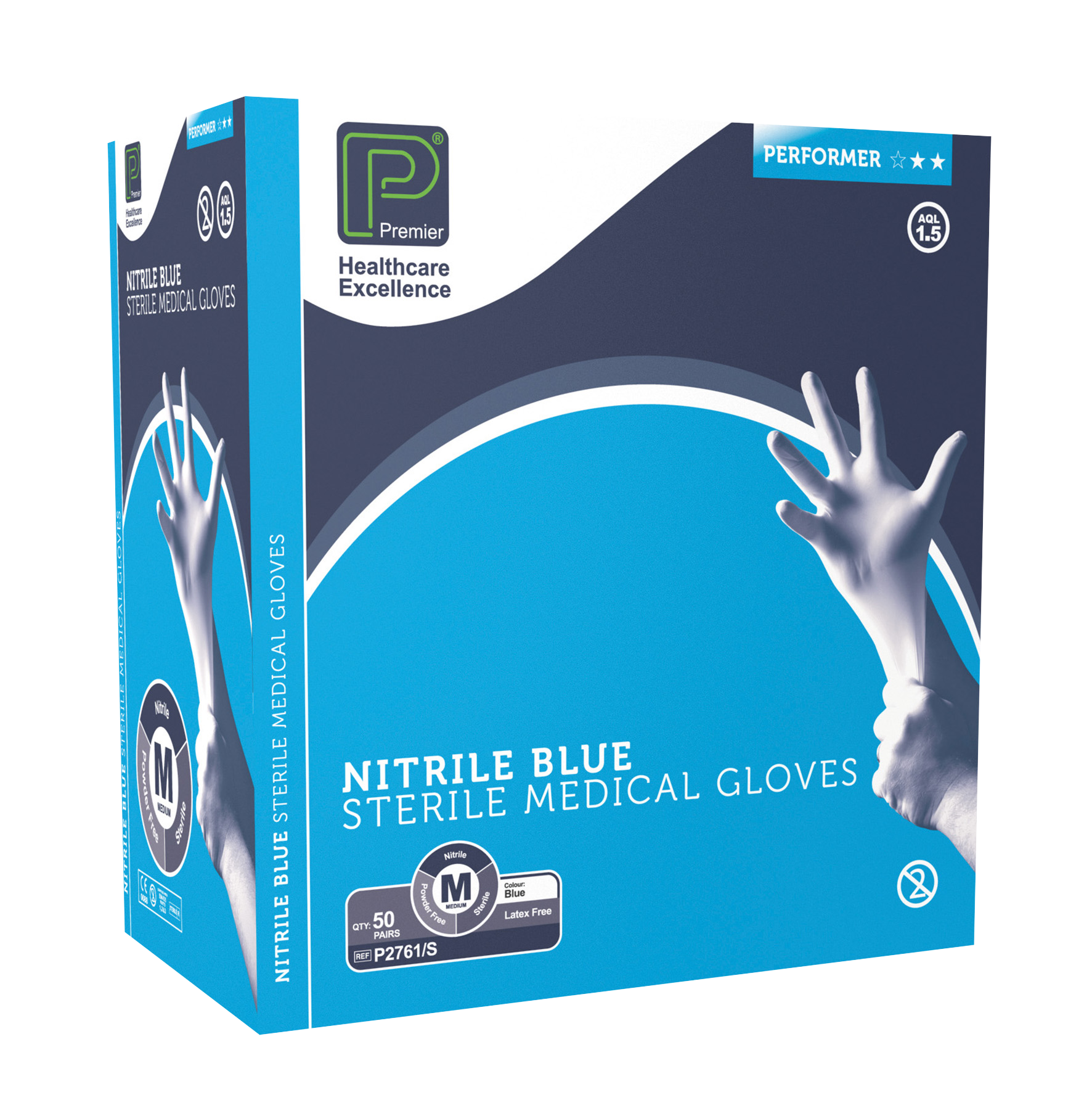 Premier Sterile Blue Nitrile Gloves Powder-Free Medium 50pk