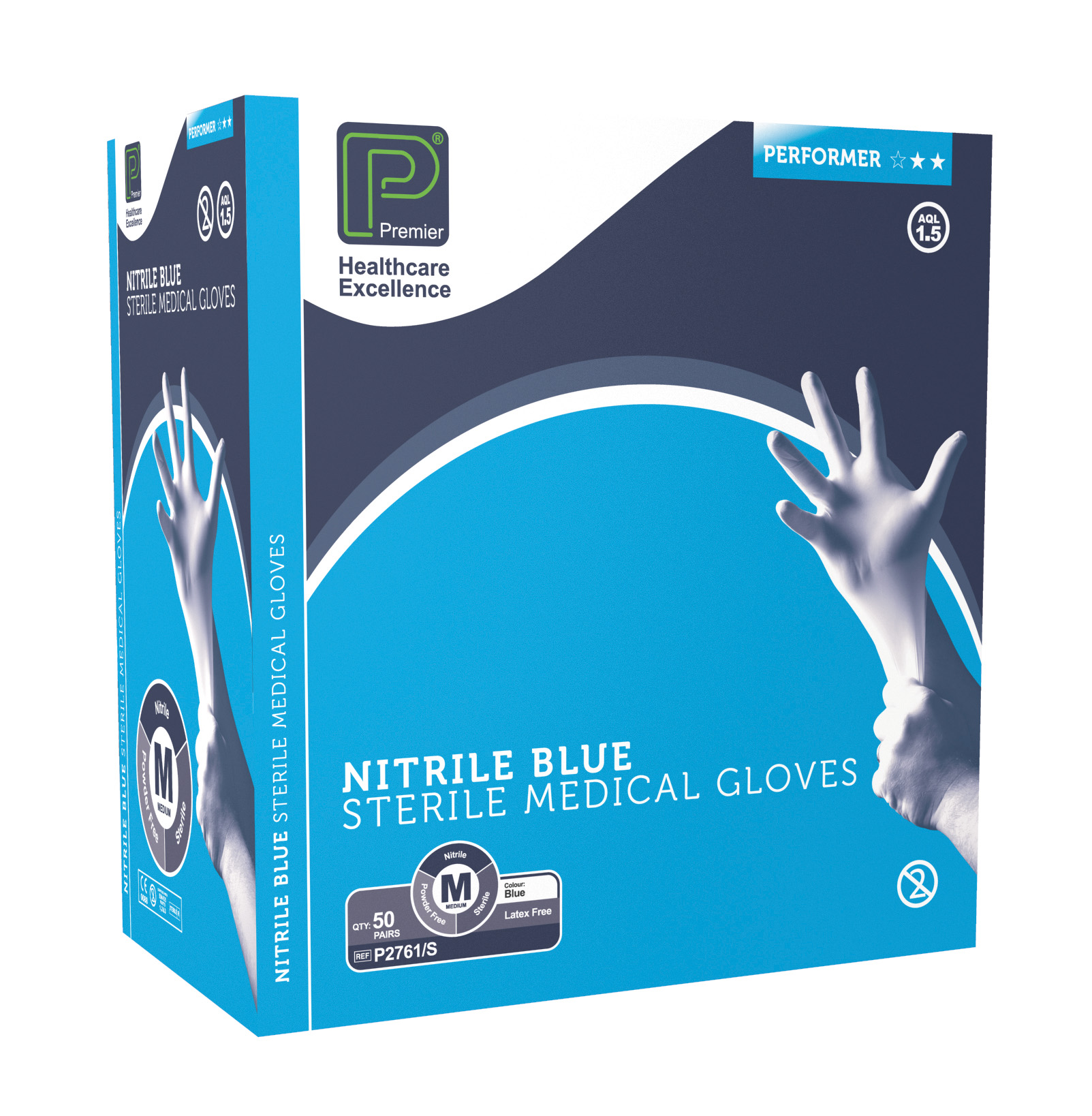 Premier Sterile Blue Nitrile Gloves Powder-Free Large 50pk