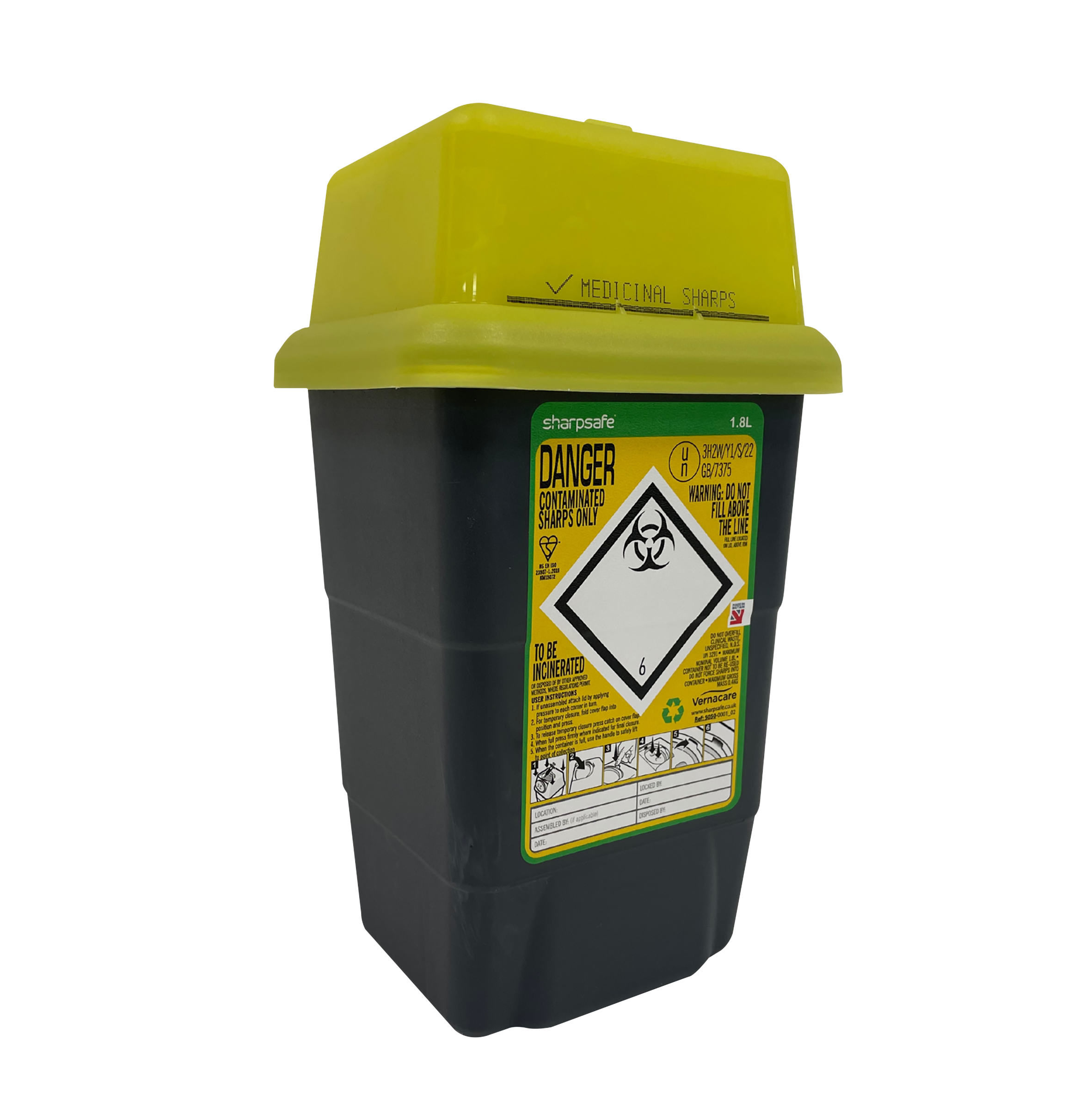 Sharpsafe Small Sharps Bin Safety Yellow Lid 1.8L