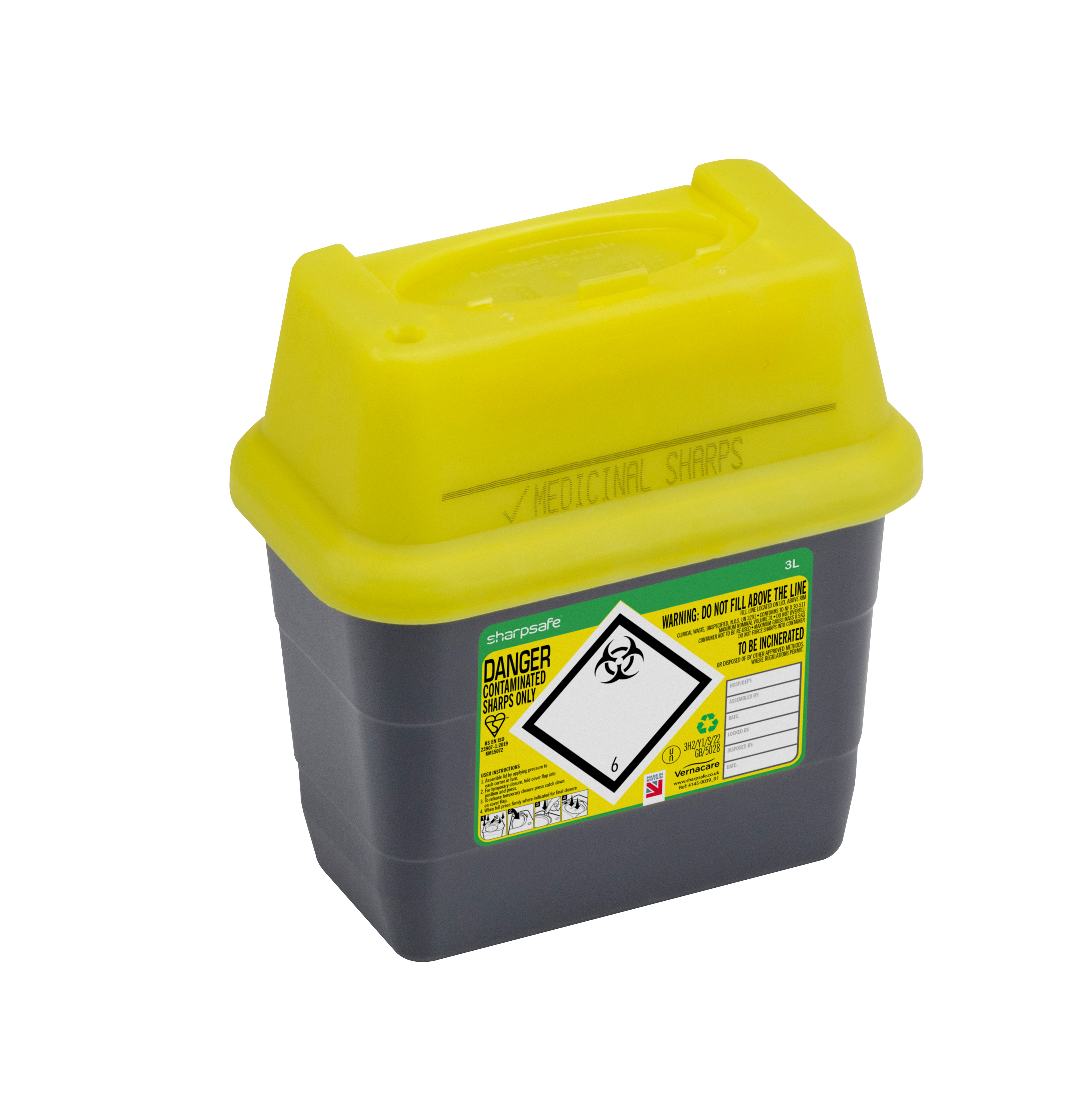 Sharpsafe Small Sharps Bin Safety Yellow Lid 3L